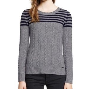 TORY BURCH Sharlene Grey + Navy Cable Knit Wool Crew Sweater XS